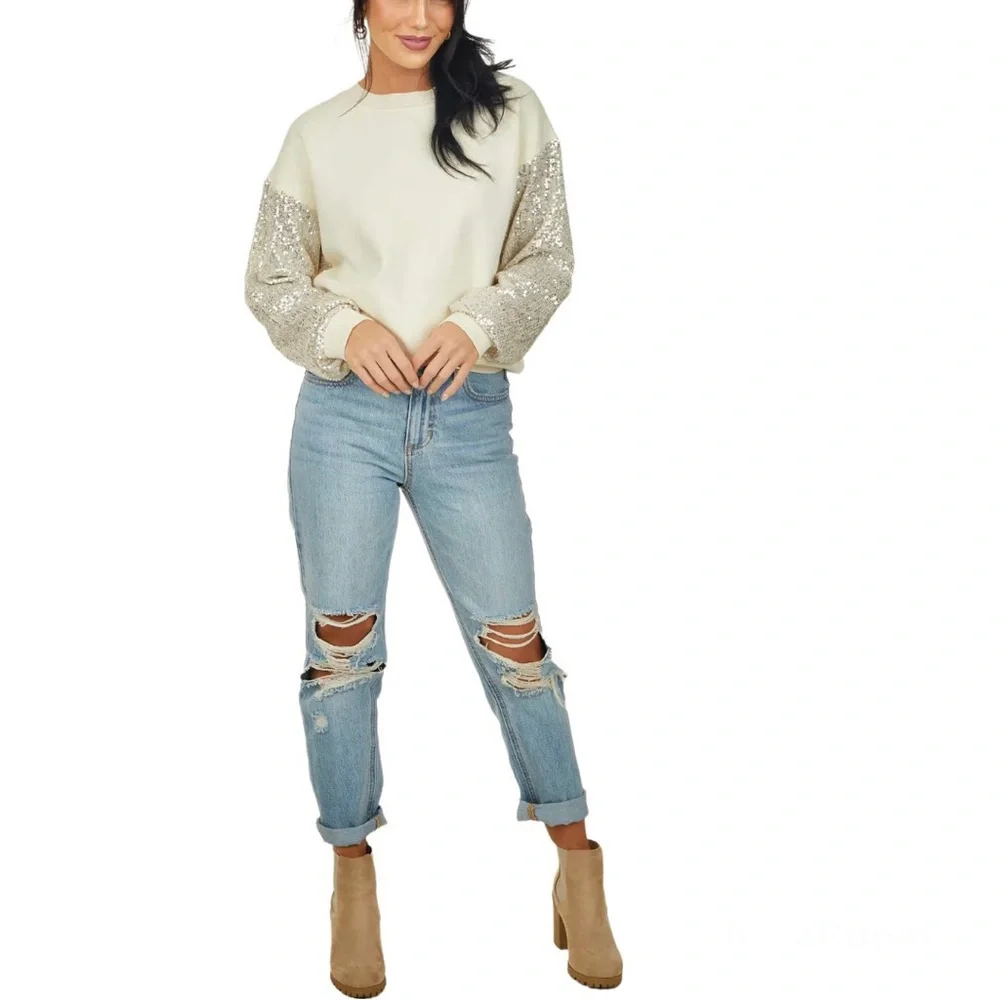 LUSH Sequin Sleeve Sweater Silver Cream Coquette Comfy Cozy Winter Sparkly Small - Picture 2 of 15